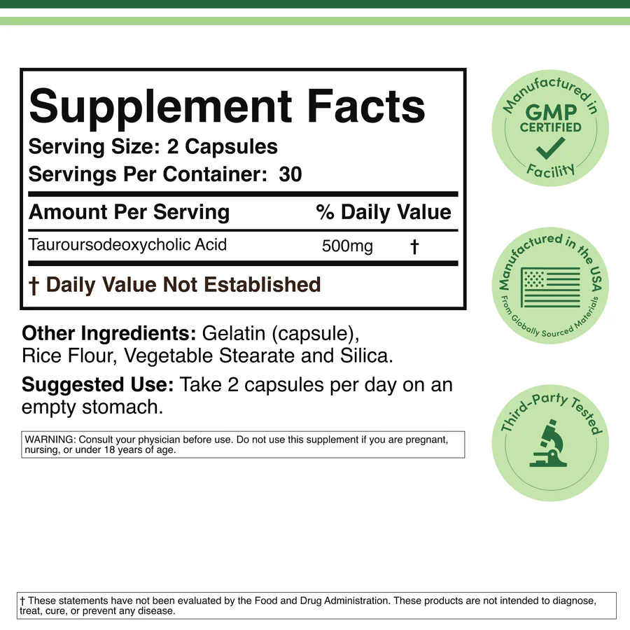 Double Wood Tudca Tauroursodeoxycholic ACID 500 Mg Per Serving 60 Capsules thumbnail 2